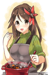 Rule 34 | 10s, 1girl, absurdres, alternate costume, amagi (kancolle), apron, bad id, bad pixiv id, brown eyes, brown hair, cooking, flower, fujiyama ichiha, hair between eyes, hair flower, hair ornament, highres, jewelry, kantai collection, long hair, looking at viewer, mole, mole under eye, open mouth, ponytail, pot, ribbed sweater, ring, sleeves rolled up, smile, solo, spoon, steam, stove, sweater, twitter username