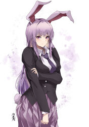 Rule 34 | 1girl, absurdres, animal ears, black jacket, blazer, blush, buttons, closed mouth, collared shirt, highres, jacket, long hair, long sleeves, looking at viewer, necktie, pink skirt, pleated skirt, purple hair, purple necktie, rabbit ears, rabbit tail, red eyes, reisen udongein inaba, shirt, signature, simple background, skirt, solo, tail, touhou, white background, white shirt, yagoro kusuriya