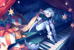 Rule 34 | 1boy, armor, armored boots, bad id, bad pixiv id, blue eyes, blue hair, boots, cape, character request, christmas present, commentary request, copyright request, fake horns, gift, gift wrapping, gloves, helmet, highres, horned helmet, horns, instrument, original, ornament, piano, piano keys, red curtains, scenery, shichigatsu, sitting, sky, smile, star (sky), starry sky, stuffed animal, stuffed toy, teddy bear