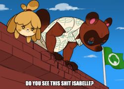 Rule 34 | 1boy, 1girl, :|, absurdres, anger vein, animal crossing, animal ears, animal nose, blonde hair, blue background, blue eyes, blue sky, blush stickers, body fur, brick wall, brown fur, closed mouth, cloud, collared shirt, commentary, day, do you see this shit? (meme), dog ears, dog girl, english commentary, english text, flag, furry, furry female, furry male, hair ornament, highres, inqwire ch, isabelle (animal crossing), leaning forward, looking down, meme, nintendo, outdoors, parody, print shirt, profanity, raccoon ears, raccoon tail, shirt, short sleeves, sky, tail, talking, tom nook (animal crossing), topknot, yellow fur