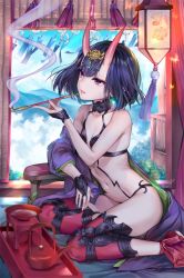 Rule 34 | 1girl, alcohol, ankle ribbon, bare shoulders, bob cut, breasts, bridal gauntlets, collarbone, cup, eyeliner, fate/grand order, fate (series), headpiece, horns, japanese clothes, kaguyuzu, kettle, kimono, lantern, leg ribbon, makeup, navel, off shoulder, oni, open clothes, open kimono, open mouth, purple eyes, purple hair, purple kimono, revealing clothes, ribbon, sakazuki, sake, short eyebrows, short hair, shuten douji (fate), skin-covered horns, small breasts, smoke, smoking, smoking pipe, solo, thighs, wide sleeves, wind chime