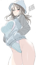 Rule 34 | 1girl, blue hat, breasts, brown hair, competition swimsuit, from below, girls und panzer, hands in pockets, hat, highleg, highleg swimsuit, highres, jacket, long hair, looking at viewer, medium breasts, mika (girls und panzer), one-piece swimsuit, partially unzipped, sketch, smile, solo, standing, swimsuit, swimsuit under clothes, tulip hat, ulrich (tagaragakuin)