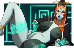 Rule 34 | 1girl, anklet, barefoot, blush, breasts, bridal gauntlets, clenched hand, colored skin, glowing, green skin, headdress, hood, jewelry, large breasts, leg up, lipstick, looking at viewer, lying, makeup, midna, midna (true), naavs, navel, nintendo, nipples, on side, orange eyes, orange hair, parted lips, presenting, purple lips, pussy, red eyes, solo, spread legs, spread pussy, the legend of zelda, the legend of zelda: twilight princess, uncensored