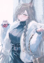 Rule 34 | 1girl, animal ears, arknights, black dress, braid, brown hair, clothing request, cup, dress, drinking glass, extra ears, highres, holding, holding cup, jacket, lolifreak, long hair, long sleeves, looking at viewer, official alternate costume, open clothes, open jacket, penance (arknights), penance (occasionally flushed) (arknights), solo, turtleneck, turtleneck dress, upper body, white jacket, wolf ears, wolf girl, yellow eyes