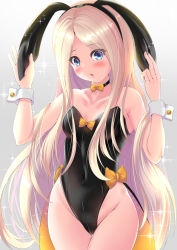 Rule 34 | 1girl, abigail williams (fate), animal ears, bad id, bad pixiv id, black leotard, blonde hair, blue eyes, bow, breasts, choker, coattails, collarbone, covered navel, fate/grand order, fate (series), forehead, gradient background, highleg, highleg leotard, highres, leotard, long hair, multiple bows, open mouth, orange bow, parted bangs, rabbit ears, shirokuro (monochrome0226), small breasts, sparkle, strapless, strapless leotard, thighs, wrist cuffs
