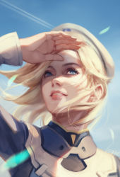Rule 34 | 1girl, alternate hairstyle, armband, artist name, bad id, bad pixiv id, beret, blonde hair, blue bodysuit, blue eyes, blue sky, bodysuit, combat medic ziegler, contrail, day, eyelashes, hage2013, hand up, hat, highres, lips, long sleeves, looking away, mercy (overwatch), nose, official alternate costume, outdoors, overwatch, overwatch 1, parted lips, petals, pink lips, shading eyes, short hair, sky, smile, solo, teeth, upper body, white hat, wings