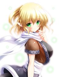 Rule 34 | 1girl, black dress, blonde hair, blush, breasts, brown jacket, closed mouth, commentary request, cowboy shot, dress, green eyes, hair between eyes, half updo, jacket, large breasts, looking at viewer, mizuhashi parsee, multicolored clothes, multicolored jacket, osashin (osada), pointy ears, sash, scarf, short hair, short ponytail, smile, solo, touhou, white sash, white scarf