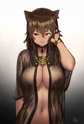 Rule 34 | 1girl, animal ears, ankh, arm at side, arm up, bangle, bastet (houtengeki), blush, bracelet, breasts, brown hair, cat ears, choker, cleavage, closed mouth, collarbone, covered erect nipples, cross, earrings, gradient background, hair between eyes, hand in own hair, highres, houtengeki, jewelry, large breasts, long sleeves, looking to the side, navel, no bra, open clothes, open robe, original, pendant, red eyes, robe, see-through, short hair, signature, simple background, single earring, sleeves past elbows, smile, smug, solo, stomach, tsurime, upper body, white background