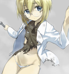 Rule 34 | 1girl, blonde hair, breasts, closed mouth, crack, cracked glass, fankupl, glasses, grey background, groin, highres, lab coat, midriff, military, military uniform, navel, panties, short hair, simple background, small breasts, solo, strike witches, strike witches: suomus misfits squadron, torn clothes, torn panties, underwear, uniform, upper body, ursula hartmann, white panties, world witches series