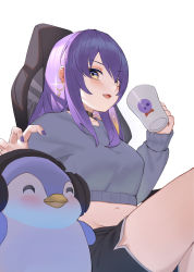 Rule 34 | 1girl, ^ ^, absurdres, alternate costume, bad id, bad pixiv id, bird, black shorts, blonde hair, blush, breasts, chair, closed eyes, colored inner hair, cup, earrings, fang, gaming chair, gradient hair, gym shorts, hair behind ear, headphones, highres, holding, holding cup, hololive, hololive indonesia, jewelry, jmao, medium breasts, midriff, moona hoshinova, mug, multicolored hair, navel, open mouth, penguin, purple hair, short shorts, shorts, sitting, smile, solo focus, swivel chair, v-shaped eyebrows, virtual youtuber, white background