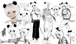 Rule 34 | 1girl, animal, animal ears, bag, cellphone, frown, highres, holding, holding phone, jacket, midriff, monster girl, multiple views, original, pants, personification, phone, possum, possum ears, possum girl, possum tail, scared, shirt, shoes, shoulder bag, simple background, sketch, smartphone, sneakers, solo, sparrowl, sweat, torn clothes, torn pants, white background, white hair