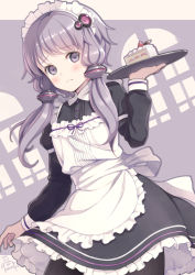 Rule 34 | 1girl, apron, black dress, black pantyhose, blush, cake, cake slice, closed mouth, commentary request, dated, dress, dutch angle, food, frilled apron, frilled dress, frills, fruit, hair ornament, hand up, highres, holding, holding tray, juliet sleeves, long hair, long sleeves, looking at viewer, maid, maid headdress, pantyhose, puffy sleeves, purple eyes, purple hair, ribbed legwear, short hair with long locks, signature, solo, strawberry, strawberry shortcake, tray, victorian maid, voiceroid, white apron, window, yoshino ryou, yuzuki yukari