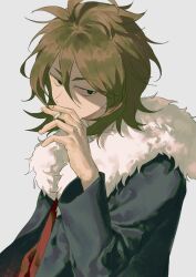 Rule 34 | 1boy, black jacket, brown hair, chinese commentary, cigarette, commentary request, fur-trimmed jacket, fur trim, green eyes, grey background, hair between eyes, highres, holding, holding cigarette, huaji niang, isoi reiji, jacket, long sleeves, male focus, open clothes, open jacket, red shirt, saibou shinkyoku, sanpaku, shirt, short hair, simple background, solo