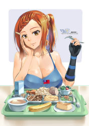 Rule 34 | 1girl, banana, bare shoulders, black gloves, braid, braided bangs, breast rest, breasts, brown eyes, brown hair, camisole, chicken (food), chicken leg, cleavage, collarbone, fingerless gloves, food, fork, fruit, ge xi, gloves, hair ornament, hairclip, hand on own cheek, hand on own face, highres, holding, holding fork, juice box, large breasts, lips, logo, long hair, looking at viewer, mini flag, original, pov across table, republic of china flag, salad, side ponytail, single glove, sleeveless, smile, solo, tan, tank top, tanline, taut clothes, tray, upper body, watermark, web address, witches in 7th base
