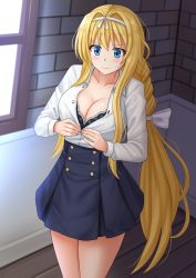 Rule 34 | 1girl, alice zuberg, black bra, black skirt, blonde hair, blue eyes, blurry, blurry background, blush, bow, bra, braid, breasts, cleavage, closed mouth, collarbone, commentary, commission, day, depth of field, english commentary, hair between eyes, hair bow, hair intakes, highres, indoors, kazenokaze, large breasts, long hair, long sleeves, open clothes, open shirt, pleated skirt, shirt, skirt, solo, standing, sunlight, sweat, sword art online, underwear, undressing, very long hair, wavy mouth, white bow, white shirt, window, wooden floor