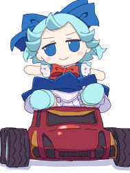 Rule 34 | 1girl, absurdres, bloomers, blue bow, blue dress, blue eyes, blue footwear, blue hair, blush stickers, bow, cirno, closed mouth, dress, fairy, fumo (doll), hair bow, highres, ice, ice wings, kame (kamepan44231), outstretched arms, shirt, shoes, short hair, short sleeves, simple background, smile, solo, spread arms, touhou, toy car, underwear, white background, white bloomers, white shirt, wings