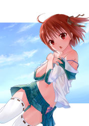 Rule 34 | 1girl, absurdres, ahoge, bare shoulders, blue skirt, blush, bra strap, chestnut mouth, day, highres, kakuno, looking at viewer, midriff, navel, off shoulder, one side up, open fly, open mouth, original, panties, plaid, plaid skirt, pleated skirt, purple panties, red eyes, red hair, ribbon-trimmed legwear, ribbon trim, school uniform, shiny skin, short hair, short twintails, side-tie panties, skindentation, skirt, sky, solo, strap slip, thigh gap, thighhighs, twintails, underwear, unzipped, white thighhighs