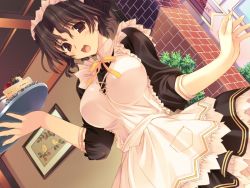 Rule 34 | 00s, 1girl, :3, :d, apron, beamed quavers, bird, black hair, blueberry, blush, bow, breasts, brick wall, brown eyes, brown hair, cake, ceiling, cowboy shot, cross-laced clothes, dutch angle, food, frilled apron, frills, fruit, game cg, hair between eyes, hand up, happy, holding, holding tray, lace, large breasts, looking at viewer, maid, maid apron, maid headdress, mature female, mitsumi misato, musical note, open mouth, painting (object), parted bangs, picture frame, plant, pocket, purple eyes, sash, short hair, smile, solo, standing, strawberry, sunlight, to heart (series), to heart 2, to heart 2 ad, tray, turtleneck, waitress, wavy hair, white apron, yellow bow, yuzuhara haruka