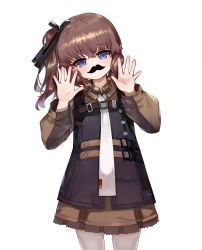 Rule 34 | 1girl, ags-30 (girls&#039; frontline), bad id, bad pixiv id, black ribbon, blue eyes, brown hair, brown shirt, brown skirt, closed mouth, collared shirt, dokomon, fake facial hair, fake mustache, girls&#039; frontline, hair between eyes, hair ribbon, hands up, head tilt, highres, long hair, long sleeves, looking at viewer, one side up, ribbon, shirt, simple background, skirt, solo, teeth, upper teeth only, white background