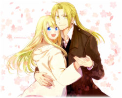 Rule 34 | 1boy, 1girl, 2018, :d, blonde hair, blue eyes, blush, brown coat, coat, couple, dated, earrings, edward elric, fingernails, floating hair, floral background, flower, fullmetal alchemist, happy, hetero, holding hands, hug, jacket, jewelry, long hair, looking at viewer, open mouth, petals, pink background, pink flower, ponytail, shirt, simple background, smile, tsukuda0310, upper body, waistcoat, white background, white jacket, white shirt, winry rockbell, yellow eyes