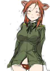 Rule 34 | 00s, 1girl, animal ears, black panties, blush, closed eyes, lowleg, lowleg panties, military, military uniform, minna-dietlinde wilcke, no pants, panties, red hair, ribbon, smile, solo, soyoking, strike witches, tail, underwear, uniform, world witches series
