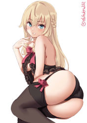 Rule 34 | 1girl, ass, black panties, black thighhighs, blonde hair, blue eyes, braid, breasts, ebifurya, feet out of frame, flower, french braid, highres, kantai collection, large breasts, lingerie, long hair, looking at viewer, panties, red flower, red ribbon, red rose, ribbon, rose, simple background, smile, solo, thighhighs, twitter username, underwear, warspite (kancolle), white background