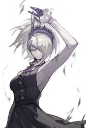 Rule 34 | 1girl, arm up, black dress, black gloves, breasts, buttons, commentary request, cuffs, danganronpa (series), danganronpa v3: killing harmony, dress, gloves, grey background, grey shirt, hair over one eye, handcuffs, headdress, highres, holding, holding handcuffs, long sleeves, looking at viewer, maid, necktie, purple necktie, shirt, short hair, simple background, sleeveless, sleeveless dress, snowcake47, solo, tojo kirumi, white background