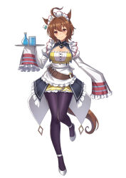 Rule 34 | adapted costume, agnes tachyon (umamusume), ahoge, alternate costume, animal ears, apron, beaker, black necktie, black pantyhose, black skirt, blush, breasts, brown eyes, brown hair, cleavage, commentary, earrings, enmaided, flask, hair between eyes, highres, holding, holding tray, horse ears, horse girl, horse tail, horseshoe ornament, jewelry, large breasts, leg up, maid, maid headdress, necktie, pantyhose, shirt, short necktie, simple background, single earring, skirt, sleeves past fingers, sleeves past wrists, smile, tail, test tube, tray, umamusume, vococo, waist apron, white background, white footwear, white sleeves, yellow shirt