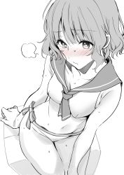 Rule 34 | absurdres, arm support, blush, bow, box, breasts, closed mouth, collarbone, commentary request, from above, greyscale, groin, hand on own knee, highres, hinazuka ryou, idolmaster, idolmaster million live!, looking at viewer, looking up, medium breasts, monochrome, navel, neckerchief, sailor collar, sailor swimsuit (idolmaster), short hair, sidelocks, sitting, sitting on box, solo, stomach, suou momoko, thighs, wavy hair, wet