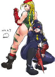 Rule 34 | 2girls, absurdres, arm blade, ass, back-to-back, beret, blonde hair, blue eyes, blue legwear, boots, braid, breasts, cammy white, camouflage, capcom, clenched hand, combat boots, dated, decapre, fingerless gloves, garrison cap, gloves, hat, highres, leotard, long hair, multiple girls, pantyhose, ribbed leotard, samidare satsuki, scar, shoulder pads, socks, squatting, street fighter, street fighter iv (series), thick thighs, thighs, thong leotard, toned, twin braids, weapon