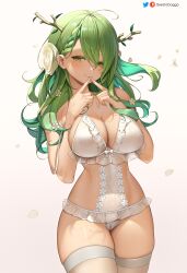 Rule 34 | 1girl, antlers, artist name, blush, braid, braided bangs, breasts, cameltoe, ceres fauna, cleavage, flower, greatodoggo, green hair, hair flower, hair ornament, highres, hololive, hololive english, horns, large breasts, long hair, looking at viewer, mole, mole under eye, patreon logo, patreon username, smile, solo, thighhighs, thighs, twitter logo, twitter username, virtual youtuber