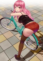 Rule 34 | 1girl, ass, bare shoulders, bicycle, blush, breasts, denim, denim shorts, huge ass, large breasts, leaning, leaning forward, long hair, looking at viewer, neri sachiko, open mouth, pink hair, plump, red eyes, shadow, shiny skin, shoes, short shorts, shorts, sideboob, smile, solo, thighhighs, very long hair