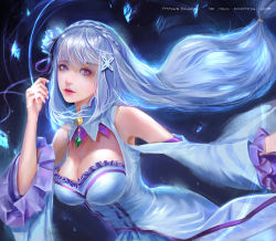 Rule 34 | 10s, 1girl, arm up, bare shoulders, braid, breasts, cleavage, cleavage cutout, clothing cutout, commentary request, crown braid, detached sleeves, dress, elf, emilia (re:zero), flower, french braid, frilled sleeves, frills, gem, hair flower, hair ornament, hair ribbon, highres, large breasts, leaning forward, marsfoong, painting (action), parted lips, pleated skirt, pointy ears, purple eyes, purple ribbon, re:zero kara hajimeru isekai seikatsu, ribbon, rose, silver hair, skirt, solo, white dress, white flower, white legwear, white rose, wide sleeves