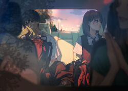 Rule 34 | 2boys, 2girls, absurdres, bag, blurry, blurry foreground, blush, brother and sister, car interior, commentary, depth of field, dress, family, hand on own cheek, hand on own face, head rest, hetero, highres, holding hands, inseki, looking to the side, macaronk, multiple boys, multiple girls, neck ribbon, original, pinafore dress, ribbon, school bag, school uniform, seatbelt, shirt, short sleeves, siblings, sleeveless, sleeveless dress, twilight, white shirt