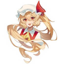 Rule 34 | 1girl, absurdres, ascot, blonde hair, chinese commentary, collared shirt, commentary request, fang, flandre scarlet, hair between eyes, hat, hat ribbon, highres, long hair, miamante77, mob cap, open mouth, puffy sleeves, red ribbon, red vest, ribbon, shirt, side ponytail, simple background, smile, solo, touhou, vest, white background, white hat, white shirt, yellow ascot