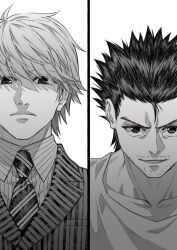 Rule 34 | collarbone, commentary request, facial hair, formal, ging freecss, greyscale, highres, hunter x hunter, light frown, male focus, monochrome, pariston hill, short hair, smile, sss14sana, suit
