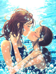 Rule 34 | 2girls, air bubble, blush, bubble, female focus, kiss, long hair, multiple girls, original, rokuhara (10687811), swimsuit, underwater, yuri