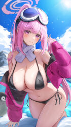 Rule 34 | 1girl, absurdres, bikini, black bikini, blue archive, breasts, cleavage, eimi (blue archive), eimi (swimsuit) (blue archive), goggles, goggles on head, halo, highres, hini ni, jacket, large breasts, long hair, looking at viewer, official alternate costume, open clothes, open jacket, pink eyes, pink hair, pink halo, pink jacket, scarf, side-tie bikini bottom, solo, swimsuit, white scarf