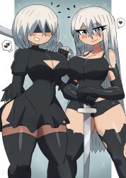 2b_(nier:automata) 2girls a2_(nier:automata) absurdres black_dress black_gloves black_shirt black_shorts black_thighhighs blindfold blue_eyes blush breasts cleavage cleavage_cutout clothing_cutout collarbone dress gloves grin heart highres holding large_breasts long_hair long_sleeves looking_at_viewer multiple_girls nier:automata nier_(series) puffy_sleeves shirt short_hair shorts smile sparkle speech_bubble spoken_heart square_enix standing sword tank_top teeth thick_thighs thighhighs thighs tony_welt torn_clothes torn_gloves torn_shirt torn_thighhighs weapon white_background white_hair wide_hips