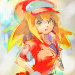 Rule 34 | 1girl, blonde hair, breasts, cabbie hat, commentary request, dinef, green eyes, hat, jacket, long hair, looking at viewer, mega man (series), mega man legends (series), mega man legends 3, red jacket, roll caskett (mega man), smile, solo
