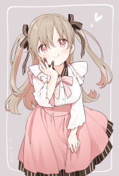 Rule 34 | 1girl, :q, arm support, black ribbon, blush, bow, bowtie, chocolate, chocolate on hand, closed mouth, dated, dot nose, feet out of frame, floating hair, food on hand, frills, grey background, hair between eyes, hair ribbon, hand on own cheek, hand on own face, hand up, heart, high-waist skirt, highres, leaning forward, light brown hair, long hair, long sleeves, looking at viewer, minagi koharu, official art, outside border, pink bow, pink bowtie, pink eyes, pink skirt, ribbon, rounded corners, simple background, skirt, slow loop, smile, solo, split mouth, standing, striped ribbon, swept bangs, tongue, tongue out, two side up, uchino maiko, valentine, vertical stripes, wing collar
