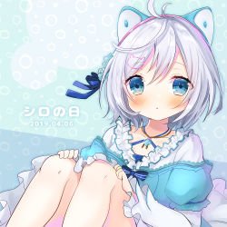 Rule 34 | .live, 1girl, :o, animal ears, antenna hair, blue bow, blue eyes, blue skirt, blush, bow, cat hair ornament, collarbone, commentary request, dated, dress, fake animal ears, hair between eyes, hair ornament, hairclip, hands on own knees, hinanosuke, layered sleeves, long sleeves, off shoulder, parted lips, puffy short sleeves, puffy sleeves, short over long sleeves, short sleeves, silver hair, dennou shoujo siro, sitting, skirt, solo, virtual youtuber, white dress
