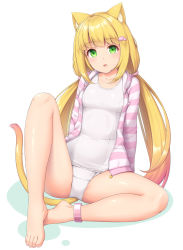 Rule 34 | 1girl, animal ear fluff, animal ears, anklet, ass, barefoot, blonde hair, breasts, cat ears, cat girl, cat tail, collarbone, commentary request, covered navel, crotch seam, drawstring, feet, green eyes, hair ornament, highres, hood, hood down, hooded jacket, hoodie, jacket, jewelry, knee up, long hair, looking at viewer, low twintails, medium breasts, one-piece swimsuit, open clothes, open jacket, original, parted lips, pink jacket, sasaame, school swimsuit, shadow, simple background, sitting, solo, striped clothes, striped hoodie, striped jacket, swimsuit, tail, thighs, twintails, very long hair, white background, white one-piece swimsuit