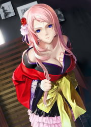 Rule 34 | 1girl, absurdres, bare shoulders, blue eyes, breasts, cleavage, collarbone, dutch angle, female focus, flower, frilled skirt, frills, hair flower, hair ornament, highres, japanese clothes, kimono, large breasts, layered skirt, long hair, looking at viewer, megurine luka, miniskirt, off shoulder, okingjo, pink hair, pleated skirt, project diva, project diva (series), project diva 2nd, skirt, smile, solo, tattoo, vocaloid, white skirt