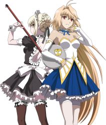 Rule 34 | 00s, 2girls, absurdres, adapted costume, ahoge, alternate costume, archetype earth, arcueid brunestud, artoria pendragon (all), artoria pendragon (fate), back, back-to-back, blonde hair, brown eyes, carnival phantasm, enmaided, fate/stay night, fate (series), frills, highres, magical girl, maid, maid headdress, multiple girls, non-web source, official alternate costume, red eyes, saber (fate), saber alter, thighhighs, transparent background, tray, tsukihime, vector trace
