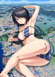 Rule 34 | 1girl, admiral (kancolle), ahoge, arm behind head, armpits, ass, bikini, black hair, blue eyes, blue sky, blush, breasts, city, cleavage, collarbone, day, hair ornament, hair over one eye, hairclip, highres, holding, holding person, ichikawa feesu, kako (kancolle), kantai collection, large breasts, long hair, looking at viewer, lying, map, messy hair, mountain, on side, outdoors, parted bangs, partially translated, ponytail, remodel (kantai collection), short hair, sidelocks, skindentation, sky, solo, solo focus, striped bikini, striped clothes, sweatdrop, swimsuit, t-head admiral, translation request