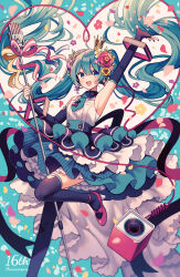 Rule 34 | 1girl, amagi hana, anniversary, aqua background, aqua eyes, aqua hair, aqua necktie, arm up, armpits, black gloves, black thighhighs, camera, commentary request, crown, detached collar, elbow gloves, flower, foot out of frame, gloves, hair flower, hair ornament, hatsune miku, heart, highres, layered skirt, leg up, long hair, looking at viewer, microphone, microphone stand, mini crown, neck, necktie, open mouth, petals, pink flower, pink footwear, pink ribbon, ribbon, shirt, simple background, skirt, smile, solo, thighhighs, very long hair, vocaloid, white shirt, yellow flower, yellow ribbon