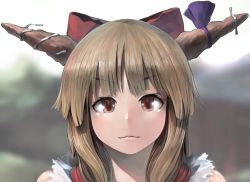 Rule 34 | 1girl, blurry, bow, brown hair, depth of field, eyelashes, hair bow, horn bow, horn ornament, horns, ibuki suika, ichiba youichi, lips, looking at viewer, outdoors, portrait, red eyes, sky, solo, touhou