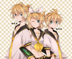 Rule 34 | 1girl, 2boys, aqua eyes, bad id, bad pixiv id, blonde hair, brother and sister, hair ornament, hair ribbon, hairclip, headphones, kagamine len, kagamine rin, multiple boys, one eye closed, ribbon, rossons, short hair, siblings, smile, time paradox, tooru (jux), twins, vocaloid, wink