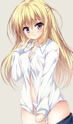 Rule 34 | 1girl, blonde hair, blush, breasts, cleavage, clothes pull, collared shirt, cowboy shot, dress shirt, embarrassed, frown, grey background, hair between eyes, huei nazuki, index finger raised, long hair, long sleeves, looking at viewer, medium breasts, navel, original, panties, partially unbuttoned, pink eyes, raised eyebrows, shirt, simple background, skirt, skirt pull, solo, standing, two side up, underwear, very long hair, white panties, white shirt, wing collar